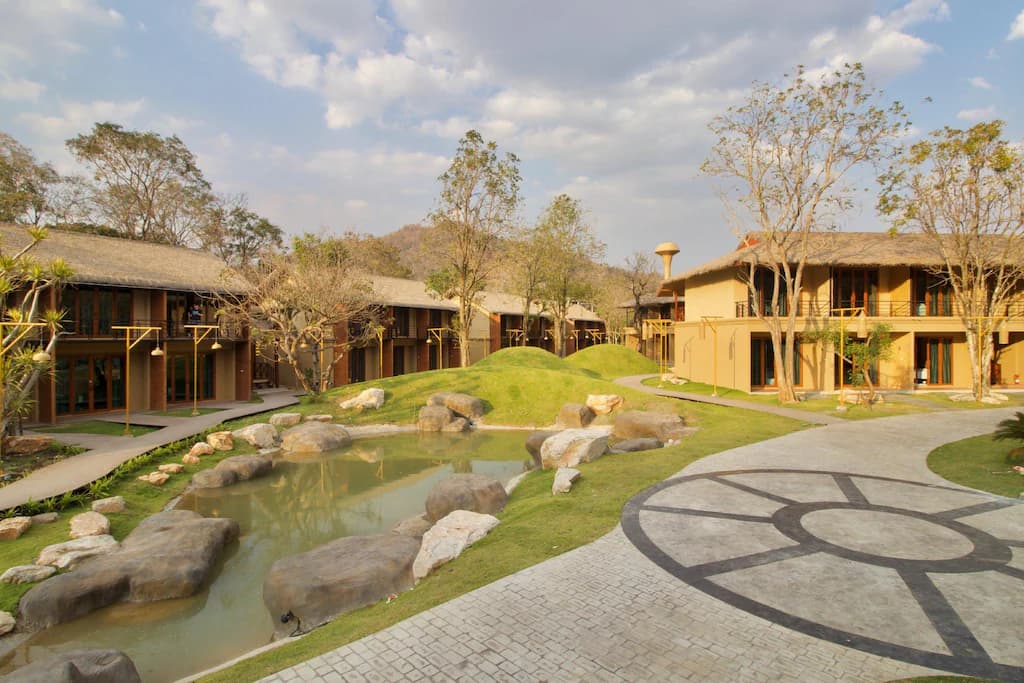 Resort pathway at sunset